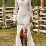 Retro White Lace V-neck Long Sleeve Tassel Short Front And Long Back Skirt Maxi Dress