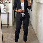 2 Pieces Outfit Shawl Collar Single Breasted Pockets Design Blazer Coat and Drawstring Elastic Waist Slim Fit Pants Set