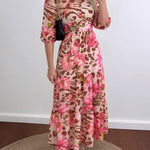 Women's Leopard Floral Print Dress V Neck Three Quarters Sleeve Ruffle Hem Dress Shirred Back A-Line Maxi Vacation Dress