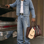 KZZ Men's two-piece jacquard denim suit