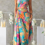 One Shoulder Cut Out Waist Pleated Maxi Print Dress