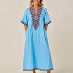 Willa | Linen Floral Embroidery Kaftan Dress