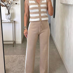 Women's 2 Piece Knit Outfits Striped V Neck Sleeveless Top and Side Stripe Straight Leg Pants Set Casual Loungewear