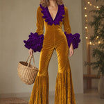 Fashion Party Purple Ruffle Long Sleeve Flared Gold Velvet Jumpsuit