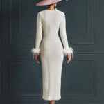 White Mohair V-neck Button Imitation Ostrich Feather Midi Dress