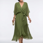 Elysia | V Neck Draped Waist Tie Midi Dress