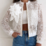 Women's Sheer Lace Bomber Jacket Lightweight Mesh See Through Crop Coat with Detachable 3D Floral