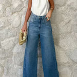 High Waist One Button Pocketed Wide Leg Pants