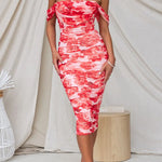 Off Shoulder Ruched Mesh Overlay Floral Midi Dress