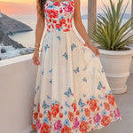 Women's Floral Butterfly Placement Print Cami Dress Shirred Back Sleeveless Vacation Sundress Casual Beach Maxi Dress