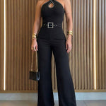 Rhinestone Decor Criss Cross Halter Sleeveless Hollow Water Drop Front Overalls Elegant High Waist Zipper Back Jumpsuit with Rhinestone Decor Belt