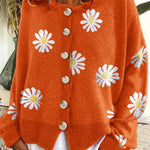 Round Neck Floral Embroidery Knitted Sweater Cardigan