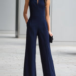 Navy Sleeveless Plunge-Neck Wide-Leg Jumpsuit