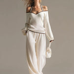 Elegant Color-blocked White Halter-neck Long-sleeved Knit Top And Pants Set