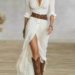 Margovil Lapel V Neck Long Sleeves Button Up Slit Maxi Dress