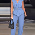 2 Pieces Outfit Pleated Design Deep V-Neck Sleeveless Asymmetrical Hem Top and Casual Elastic Waist Wide Leg Pants Set with Detachable Belt