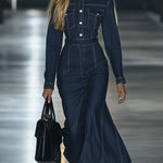 【24-hour shipping out】Casual Slim Fit Vintage Lace-up Long Sleeve Denim Maxi Dress
