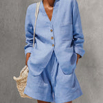 Casual Blue Cotton And Linen V-neck Top And Wide Leg Shorts Set