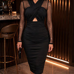 Women's Glitter Long Sleeve Bodycon Dress Criss Cross Hollow Out Sheer Mesh Spliced Party Midi Dress Sexy Evening Gown