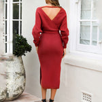 V Neck Bat Sleeve Sweater Slim Midi Dress