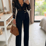 Crochet Lace Trim Deep V-Neck Floral Lace Spliced Ovearalls Casual Zipper Back Seam Front Jumpsuit with Belt