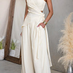 One Shoulder Irregular Hem Top High Rise Pocketed Wide Leg Pants Set