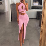 Women's Two Piece Set Criss Cross Halter Backless Crop Top and High Slit Ruched Skirt Sexy Matching Set