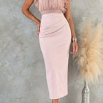 Mockneck Ruffle Short Sleeves Crop Top Back Slit Bodycon Maxi Dress Set