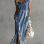 Exquisite Vintage Casual Hooded V-neck Zipper Side Slits Buttons Blue Denim Midi Dress