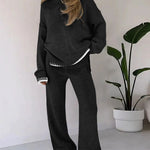 Nadorine Casual Two-Pieces Outfits Contrast Trim Knitted Jumper and Trousers Sets
