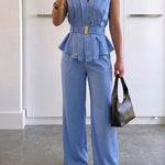 2 Pieces Outfit Pleated Design Deep V-Neck Sleeveless Asymmetrical Hem Top and Casual Elastic Waist Wide Leg Pants Set with Detachable Belt