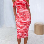 Off Shoulder Mesh Overlay Printed Midi Bodycon Dress