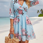 Floral Print Overlap V Neck Three Quarters Sleeve Shirred Waist Ruffle Hem Dress Casual Cinched Waist Flared Cuffs Chiffon Vacation Dress with Lining
