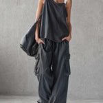 Exquisite Casual Workwear-inspired Dark Blue Cotton Off-the-shoulder Tank Top And Pants Set