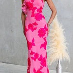 Chic Ruffle One Shoulder Sleeveless Floral Mesh Maxi Dress