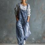 Casual Retro Washed Denim Blue Pocket Overalls