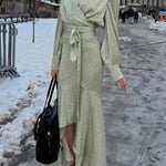 Polka Dot V Neck Puff Long Sleeves Top High Rise Ruffle Maxi Skirt Set