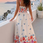 Women's Floral Butterfly Placement Print Cami Dress Shirred Back Sleeveless Vacation Sundress Casual Beach Maxi Dress
