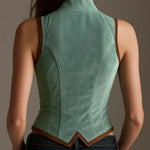 Sage Polyester velvet And Contrast Leather Trim Slim Fit Vest