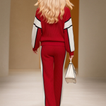 Retro Sports Style Contrast Color Knit Top And Pants Set