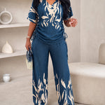 Women's Tropical Plants Print 2 Piece Outfits V Neck Drawstring Ruched Top and Wide Leg Pants Set Casual Loose Loungewear