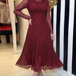 Women's Rhinestone Lace Long Sleeve Maxi Dress Crew Neck Textured A-Line Evening Gown
