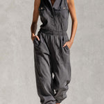 Stylish Simple Loose-fitting Sleeveless Stand-collar Front-buttoned Cotton Gray Jumpsuit