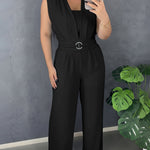 V Neck Lace-Up Waist Meatl Buckle Jumpsuit Casual Shirred Wide Leg Romper