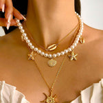 Bohemian Imitation Pearl Holiday Style Retro Starfish Shell Pendant Necklace Set