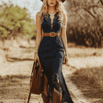 Vintage Bohemian Blue Lace Sleeveless Midi Dress
