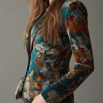 Vintage Teal Floral Velvet Tailored Blazer