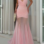 V Neck Sleeveless Splice Ruched Maxi Dress