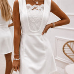 Women's Sleeveless Lace Patchwork Mini Dress Elegant French Square Neck High Waisted A-Line Cocktail Dress