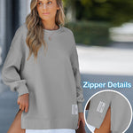 Letter Patch Detail Long Sleeve Drop Shoulder Pullover Sweatshirt Casual Zipper Side Slit Top